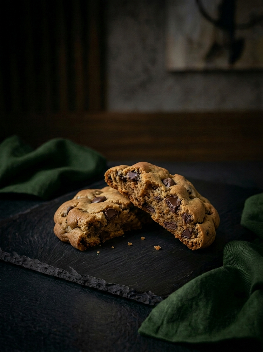 Cookie de Manteiga Queimada aberto, mostrando o interior e os pedaços de chocolate